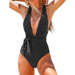 CUPSHE BLACK HALTER WRAP TIE PLUNGE V-NECK ONE PIECE SWIMSUIT SIZE SMALL NWT